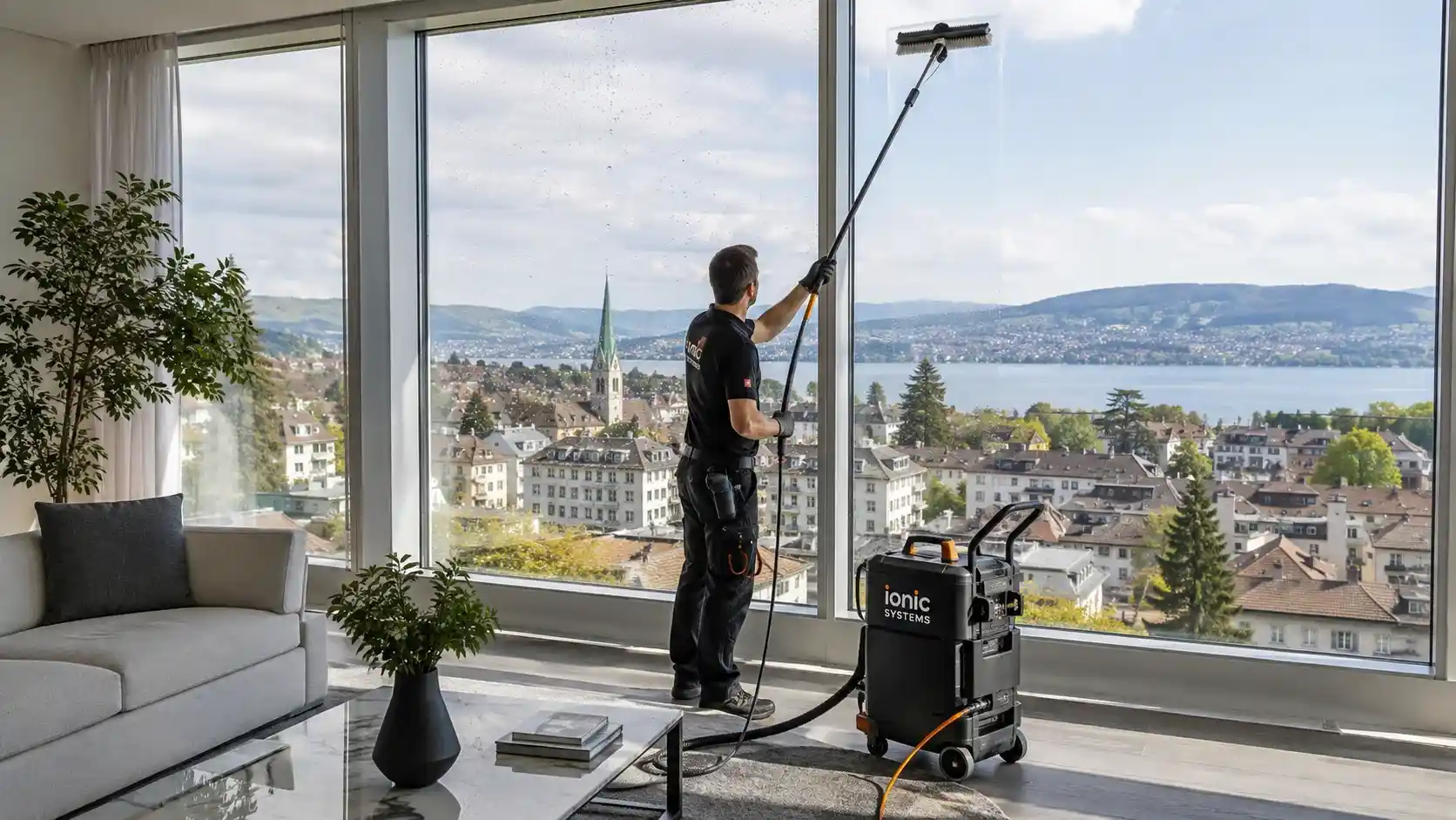 Professionelle Fensterreinigung Zürich mit Osmosewasser für streifenfreie Fenster