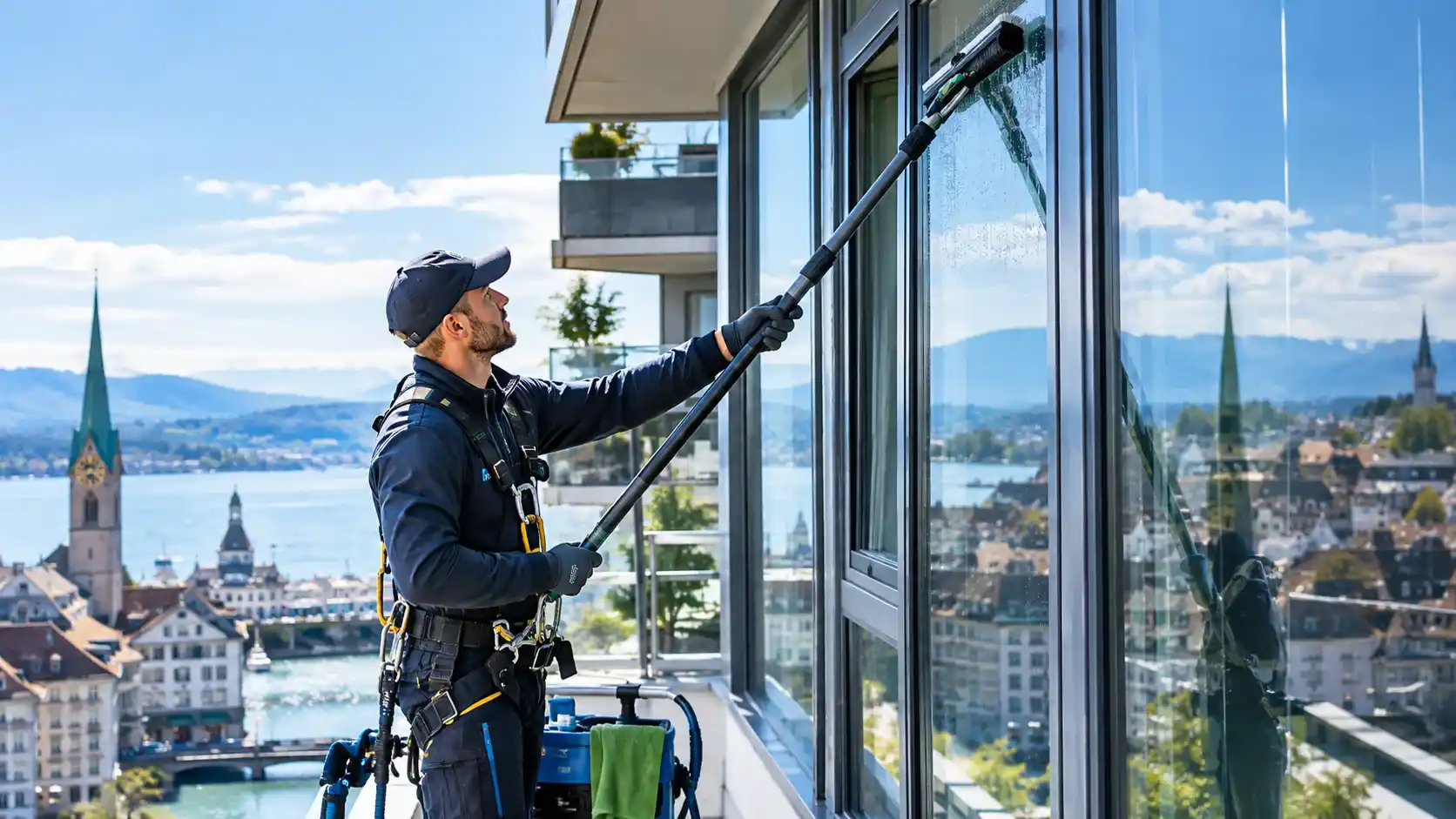 Professionelle Fensterreinigungsfirma in Zürich mit Teleskoptechnik und streifenfreier Reinigung von Fenstern an Wohn- und Geschäftsgebäuden.